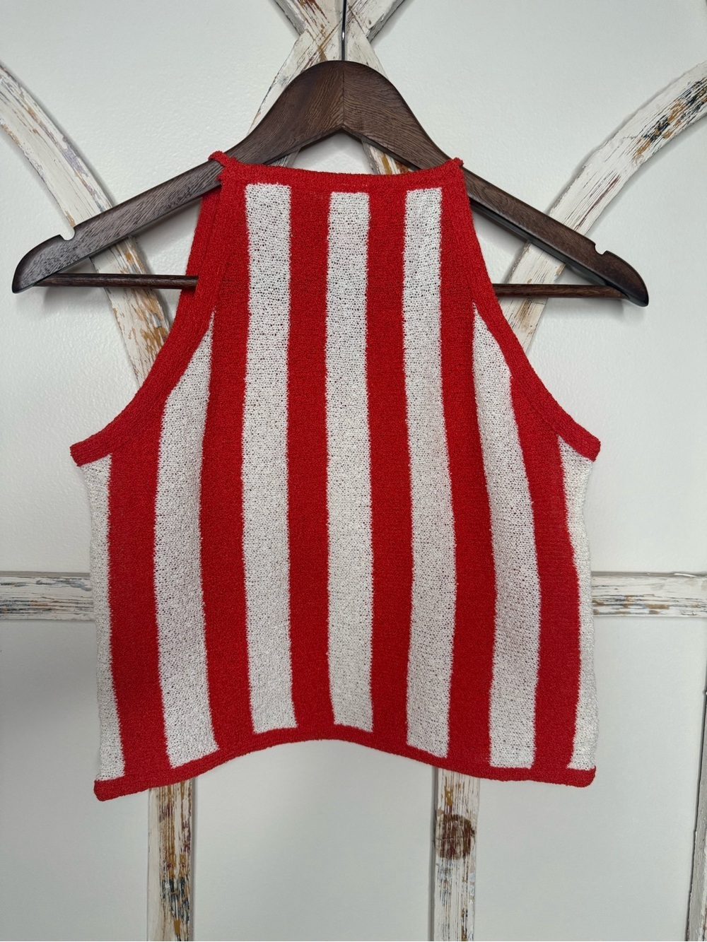 Striped Coral and White Knit Cropped Halter Tank Top- Sz M